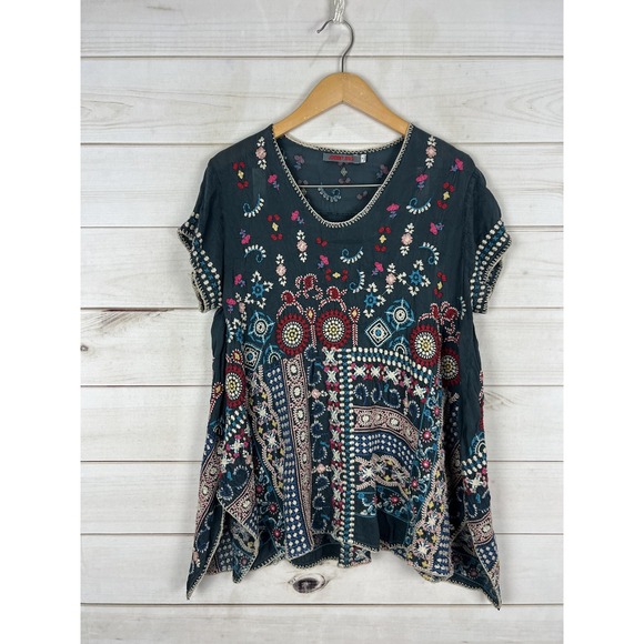 Johnny Was Tops - Johnny Was Shirt Womens Small Teal Embroidered Boho Tunic Top Cupra Rayon